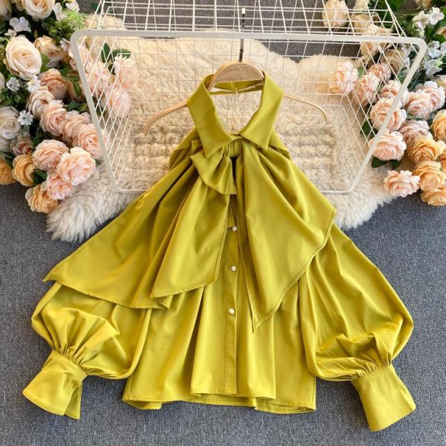 Xakxx - Spring Autumn New Blouse Women Halter Scheming Halter Shirt Bowknot Lapel Puff Sleeve Female Top C031