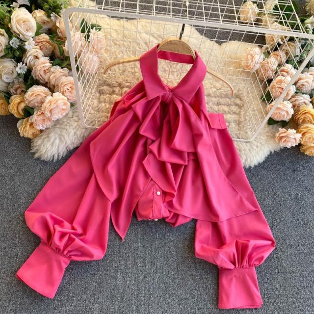 Xakxx - Spring Autumn New Blouse Women Halter Scheming Halter Shirt Bowknot Lapel Puff Sleeve Female Top C031