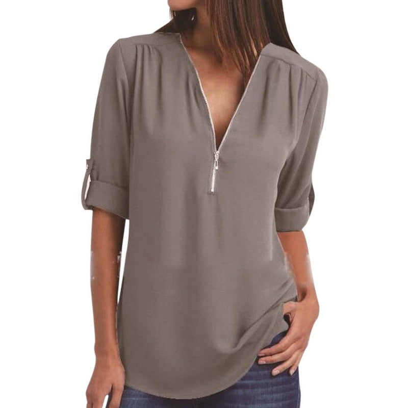 Xakxx - Women Blouses Summer Elegant V Neck Roll Up Long Sleeve Zipper Tunic Chiffon Tops Casual Loose Blue Shirt Female S-5XL Plus Size