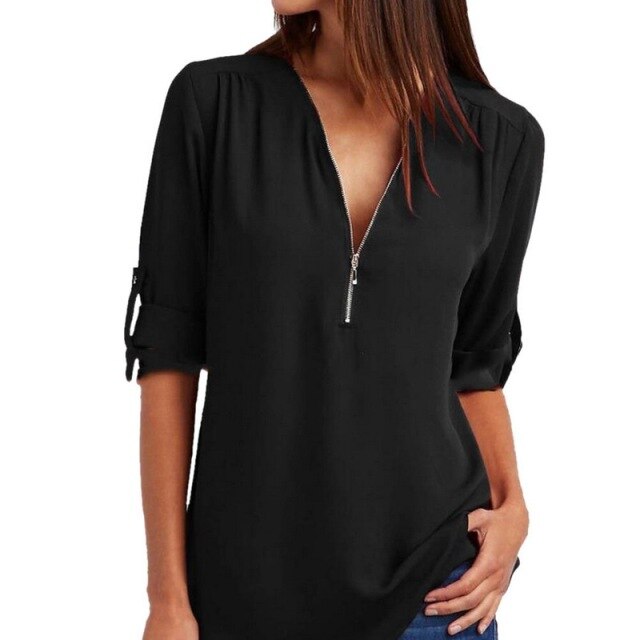 Xakxx - Women Blouses Summer Elegant V Neck Roll Up Long Sleeve Zipper Tunic Chiffon Tops Casual Loose Blue Shirt Female S-5XL Plus Size