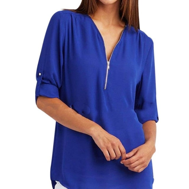 Xakxx - Women Blouses Summer Elegant V Neck Roll Up Long Sleeve Zipper Tunic Chiffon Tops Casual Loose Blue Shirt Female S-5XL Plus Size