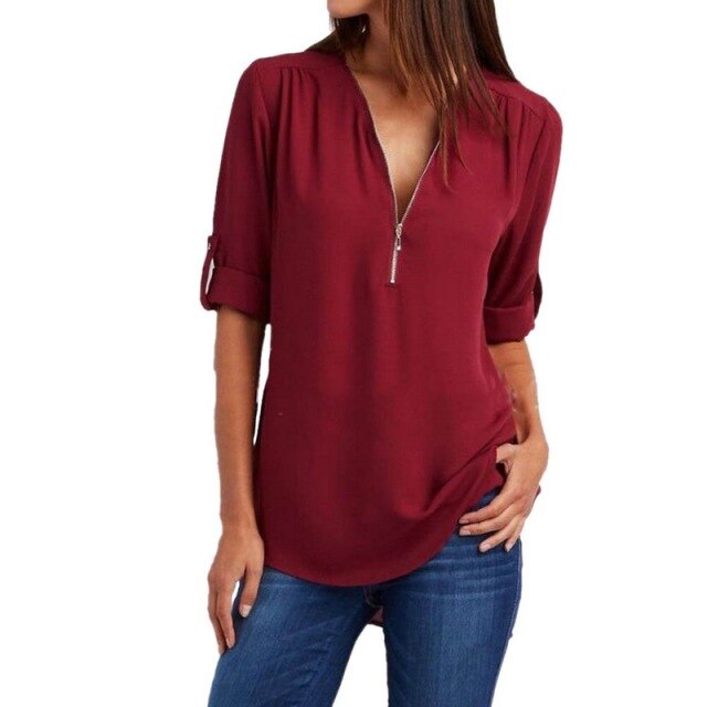 Xakxx - Women Blouses Summer Elegant V Neck Roll Up Long Sleeve Zipper Tunic Chiffon Tops Casual Loose Blue Shirt Female S-5XL Plus Size