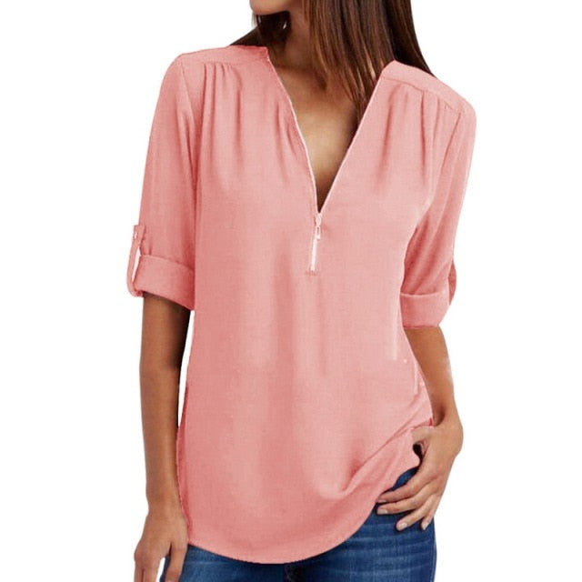 Xakxx - Women Blouses Summer Elegant V Neck Roll Up Long Sleeve Zipper Tunic Chiffon Tops Casual Loose Blue Shirt Female S-5XL Plus Size