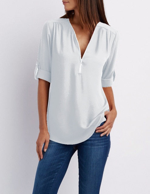 Xakxx - Women Blouses Summer Elegant V Neck Roll Up Long Sleeve Zipper Tunic Chiffon Tops Casual Loose Blue Shirt Female S-5XL Plus Size