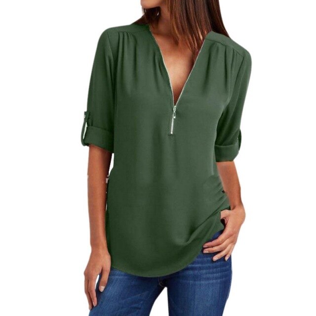 Xakxx - Women Blouses Summer Elegant V Neck Roll Up Long Sleeve Zipper Tunic Chiffon Tops Casual Loose Blue Shirt Female S-5XL Plus Size