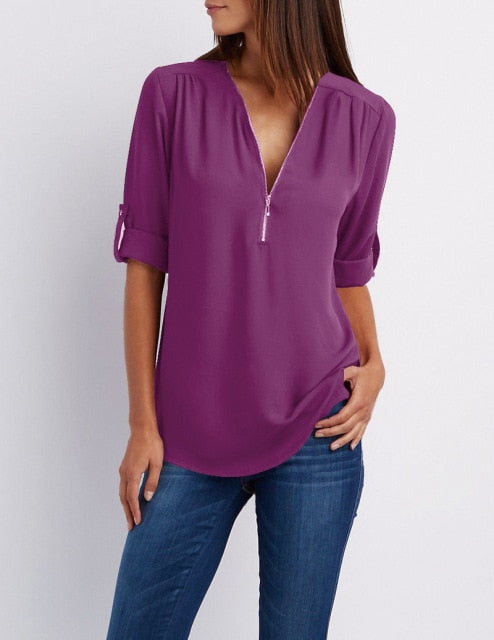 Xakxx - Women Blouses Summer Elegant V Neck Roll Up Long Sleeve Zipper Tunic Chiffon Tops Casual Loose Blue Shirt Female S-5XL Plus Size