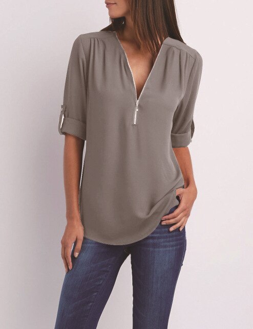 Xakxx - Women Blouses Summer Elegant V Neck Roll Up Long Sleeve Zipper Tunic Chiffon Tops Casual Loose Blue Shirt Female S-5XL Plus Size
