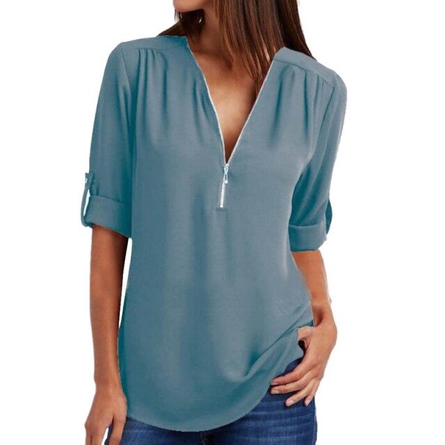 Xakxx - Women Blouses Summer Elegant V Neck Roll Up Long Sleeve Zipper Tunic Chiffon Tops Casual Loose Blue Shirt Female S-5XL Plus Size