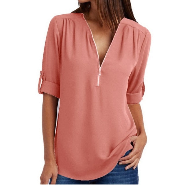 Xakxx - Women Blouses Summer Elegant V Neck Roll Up Long Sleeve Zipper Tunic Chiffon Tops Casual Loose Blue Shirt Female S-5XL Plus Size