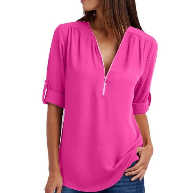 Xakxx - Women Blouses Summer Elegant V Neck Roll Up Long Sleeve Zipper Tunic Chiffon Tops Casual Loose Blue Shirt Female S-5XL Plus Size