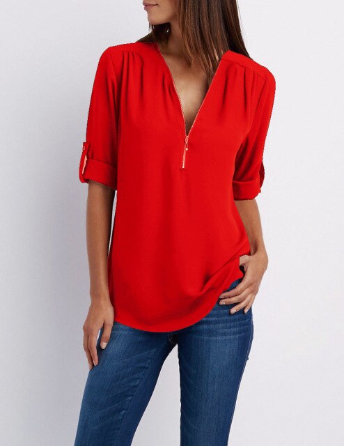 Xakxx - Women Blouses Summer Elegant V Neck Roll Up Long Sleeve Zipper Tunic Chiffon Tops Casual Loose Blue Shirt Female S-5XL Plus Size