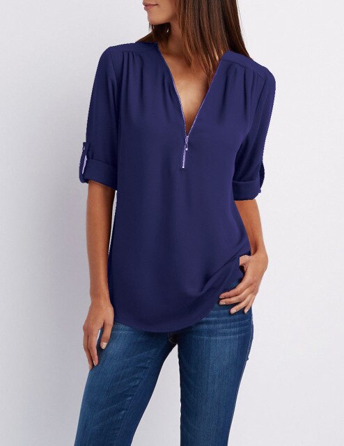Xakxx - Women Blouses Summer Elegant V Neck Roll Up Long Sleeve Zipper Tunic Chiffon Tops Casual Loose Blue Shirt Female S-5XL Plus Size