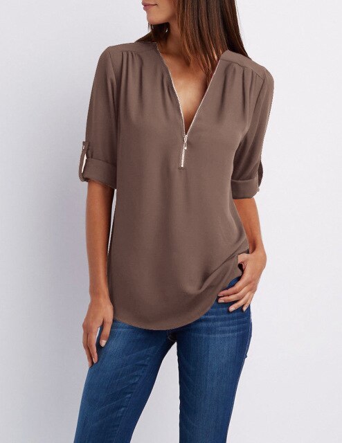 Xakxx - Women Blouses Summer Elegant V Neck Roll Up Long Sleeve Zipper Tunic Chiffon Tops Casual Loose Blue Shirt Female S-5XL Plus Size