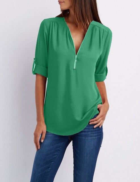 Xakxx - Women Blouses Summer Elegant V Neck Roll Up Long Sleeve Zipper Tunic Chiffon Tops Casual Loose Blue Shirt Female S-5XL Plus Size
