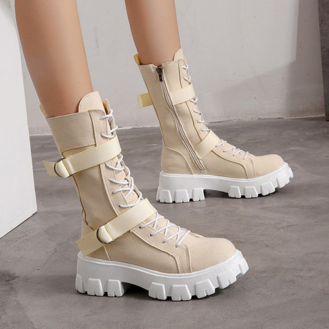 Purpdrank - Women's Shoes New Spring Style Platform Comfortable Boots Zipper Casual Mid-Calf Round Toe Flat with Boots Femmes Bottes