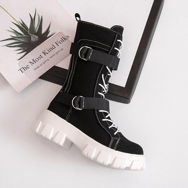 Purpdrank - Women's Shoes New Spring Style Platform Comfortable Boots Zipper Casual Mid-Calf Round Toe Flat with Boots Femmes Bottes