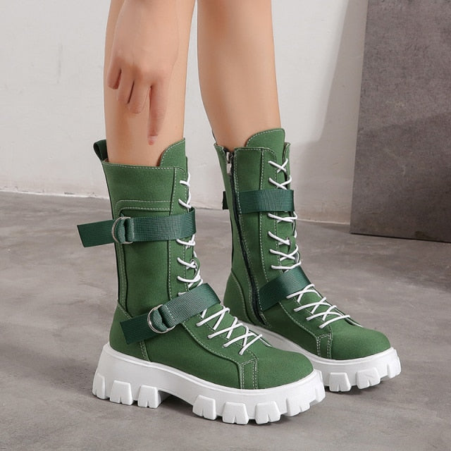 Purpdrank - Women's Shoes New Spring Style Platform Comfortable Boots Zipper Casual Mid-Calf Round Toe Flat with Boots Femmes Bottes