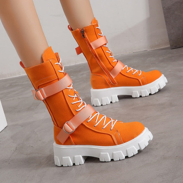 Purpdrank - Women's Shoes New Spring Style Platform Comfortable Boots Zipper Casual Mid-Calf Round Toe Flat with Boots Femmes Bottes