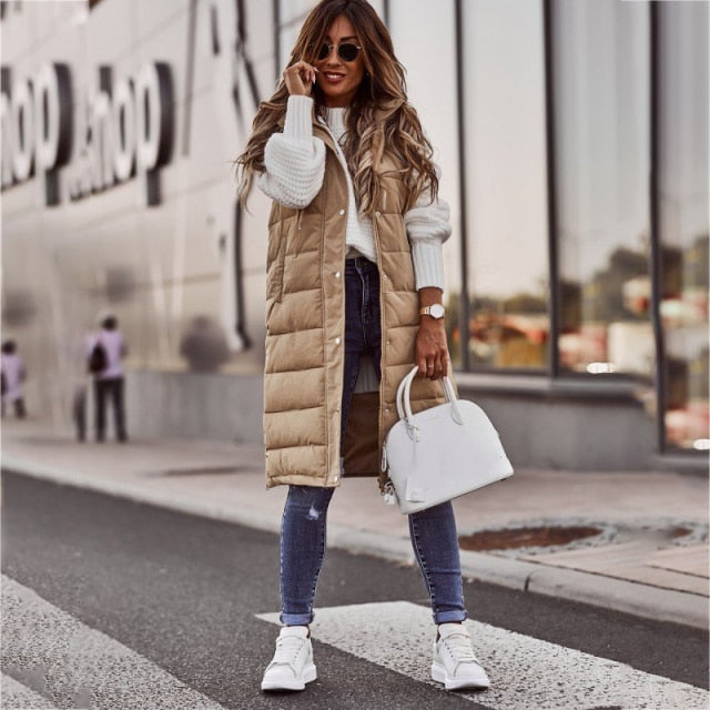 Xakxx - Warm Winter Women Long Vests Fashion Hooded Sleeveless Casual Lady Brief Outwear Vest Blouse Shirts Coat Femme Sweatshirt