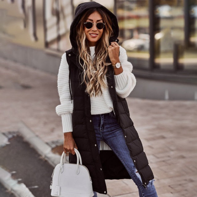 Xakxx - Warm Winter Women Long Vests Fashion Hooded Sleeveless Casual Lady Brief Outwear Vest Blouse Shirts Coat Femme Sweatshirt