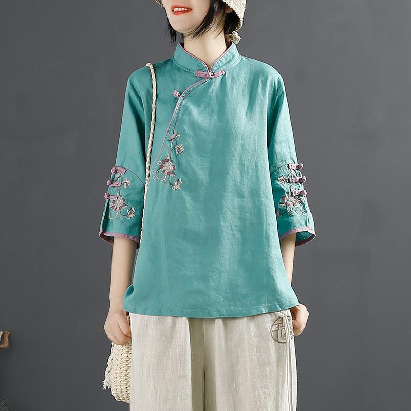 Xakxx - New Chinese Style Retro Cotton and Linen Shirt Women Spring Summer Chinese Stand-up Collar Button Blouse Embroidered Tea Service