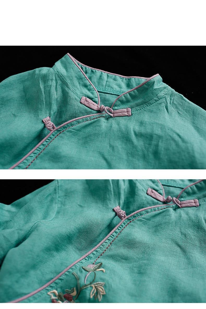 Xakxx - New Chinese Style Retro Cotton and Linen Shirt Women Spring Summer Chinese Stand-up Collar Button Blouse Embroidered Tea Service