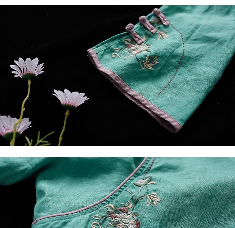 Xakxx - New Chinese Style Retro Cotton and Linen Shirt Women Spring Summer Chinese Stand-up Collar Button Blouse Embroidered Tea Service
