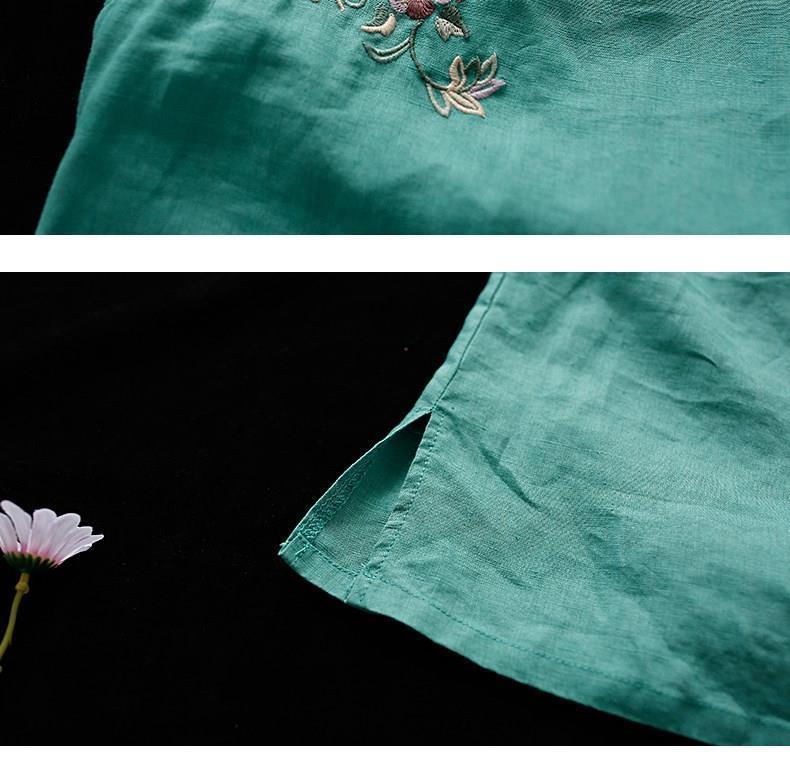 Xakxx - New Chinese Style Retro Cotton and Linen Shirt Women Spring Summer Chinese Stand-up Collar Button Blouse Embroidered Tea Service