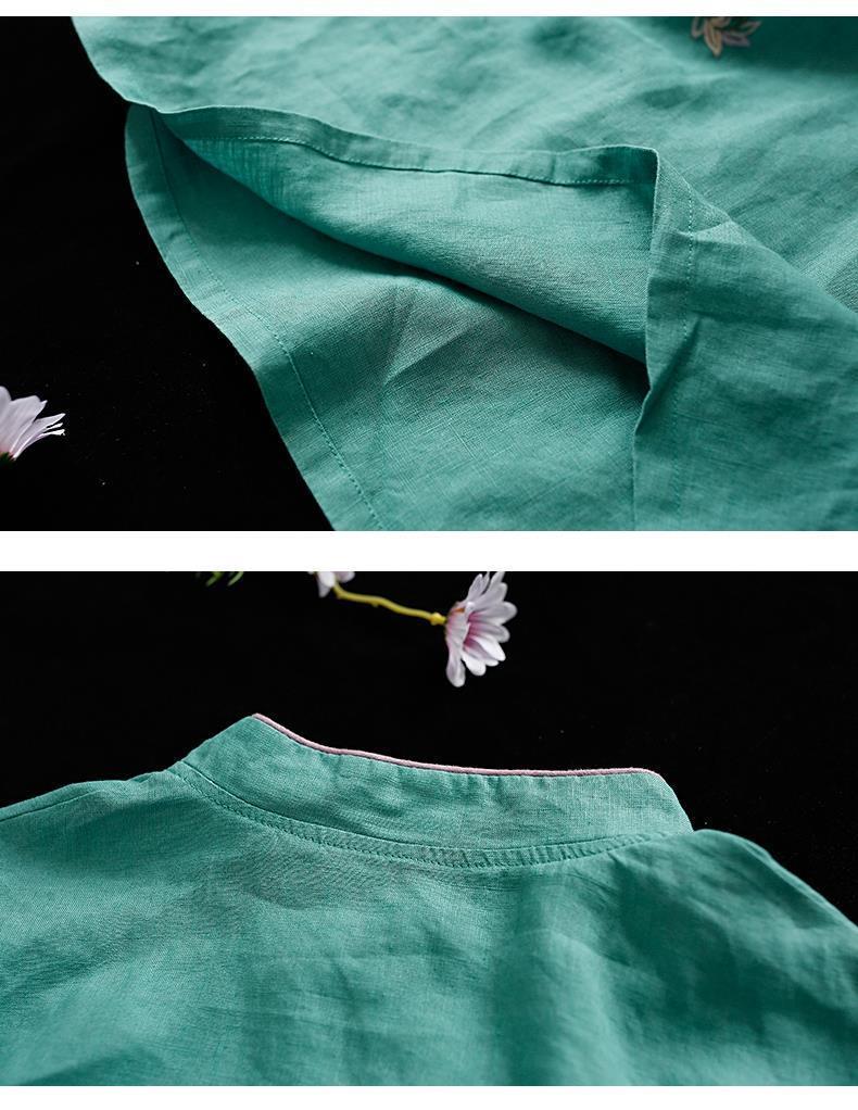 Xakxx - New Chinese Style Retro Cotton and Linen Shirt Women Spring Summer Chinese Stand-up Collar Button Blouse Embroidered Tea Service