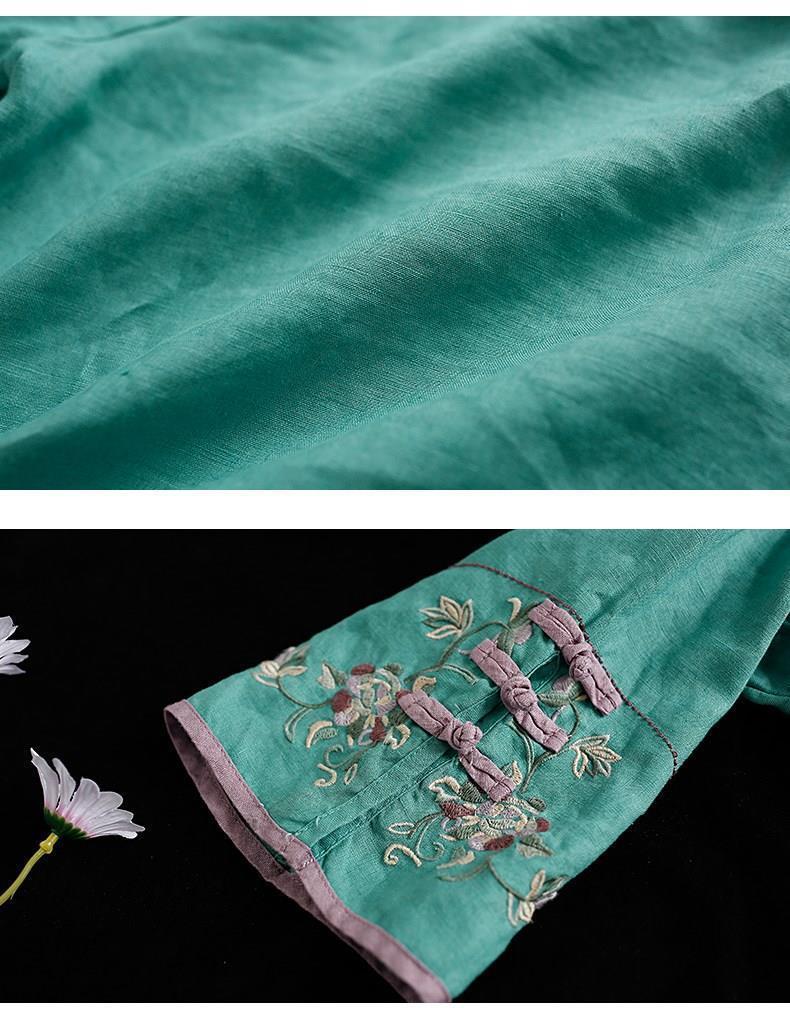 Xakxx - New Chinese Style Retro Cotton and Linen Shirt Women Spring Summer Chinese Stand-up Collar Button Blouse Embroidered Tea Service