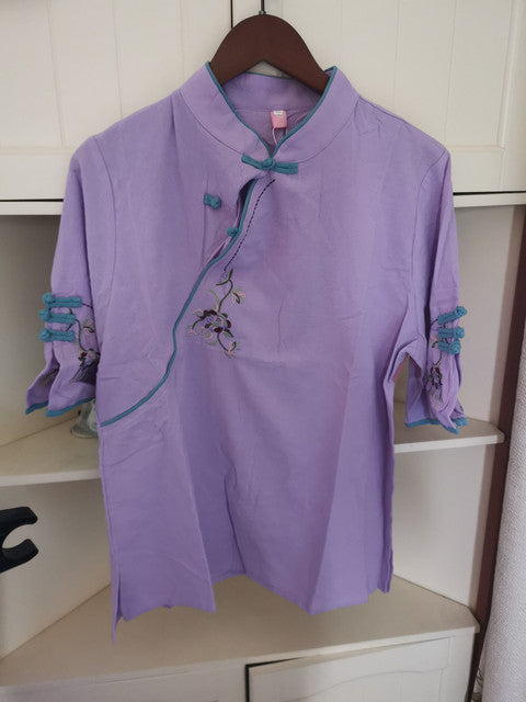 Xakxx - New Chinese Style Retro Cotton and Linen Shirt Women Spring Summer Chinese Stand-up Collar Button Blouse Embroidered Tea Service