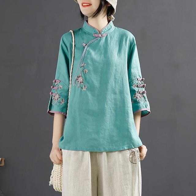 Xakxx - New Chinese Style Retro Cotton and Linen Shirt Women Spring Summer Chinese Stand-up Collar Button Blouse Embroidered Tea Service