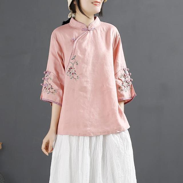 Xakxx - New Chinese Style Retro Cotton and Linen Shirt Women Spring Summer Chinese Stand-up Collar Button Blouse Embroidered Tea Service