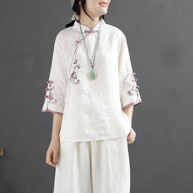 Xakxx - New Chinese Style Retro Cotton and Linen Shirt Women Spring Summer Chinese Stand-up Collar Button Blouse Embroidered Tea Service