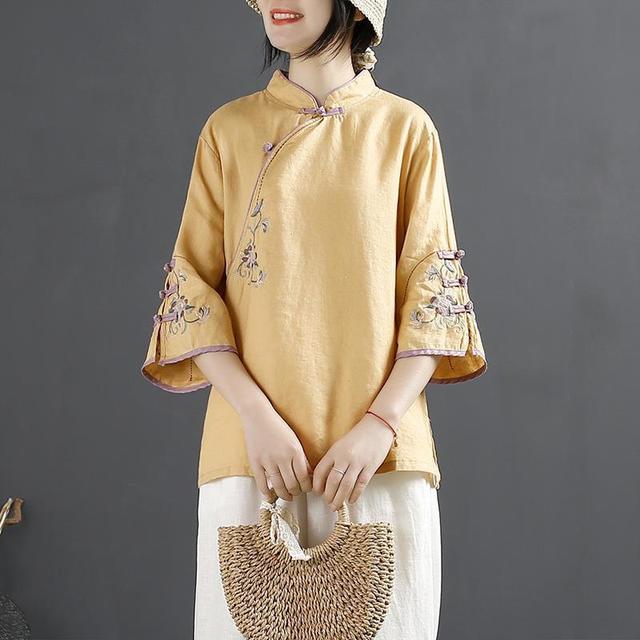 Xakxx - New Chinese Style Retro Cotton and Linen Shirt Women Spring Summer Chinese Stand-up Collar Button Blouse Embroidered Tea Service