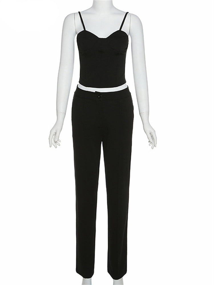 Purpdrank - Office Lady Black Pant Suits Tracksuit Women Strap Corset Crop Tops And High Waist Pants Two Piece Set Urban Outfits