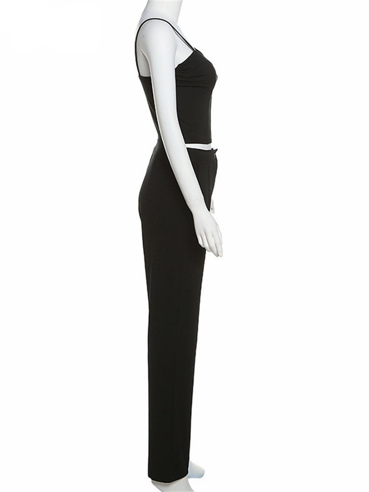 Purpdrank - Office Lady Black Pant Suits Tracksuit Women Strap Corset Crop Tops And High Waist Pants Two Piece Set Urban Outfits