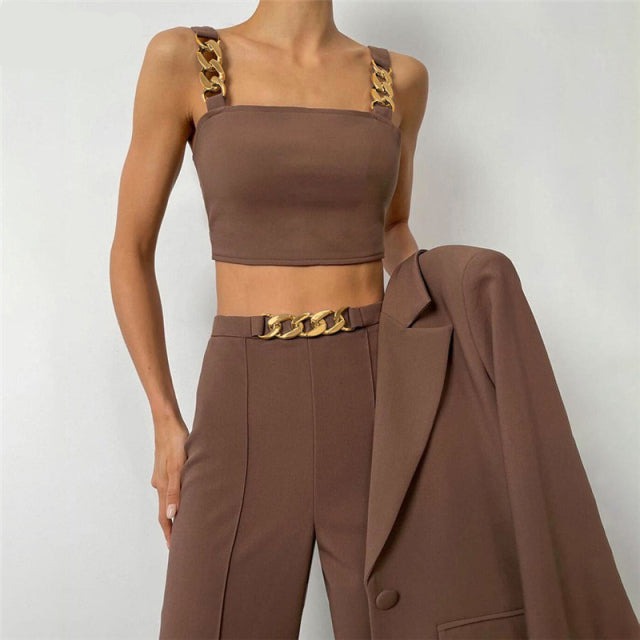 Purpdrank - Office Lady Black Pant Suits Tracksuit Women Strap Corset Crop Tops And High Waist Pants Two Piece Set Urban Outfits