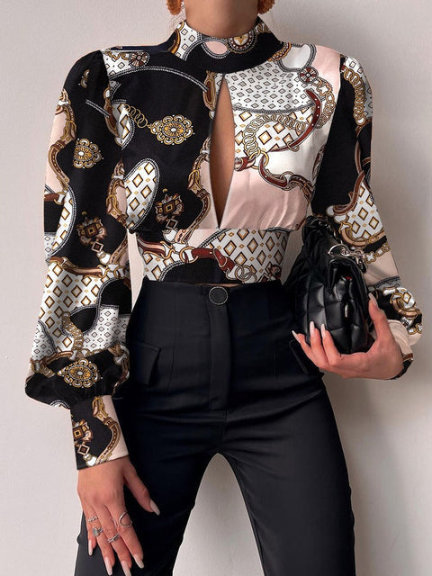 Xakxx - New Standing Collar Long Sleeve Lantern Sleeve Backless Hollow Shirt In Spring and Summer Blouse Blouse Women Shirt and Blouse