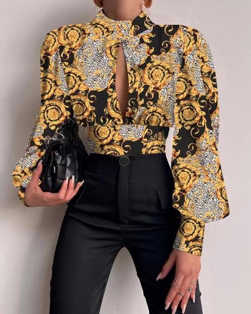 Xakxx - New Standing Collar Long Sleeve Lantern Sleeve Backless Hollow Shirt In Spring and Summer Blouse Blouse Women Shirt and Blouse