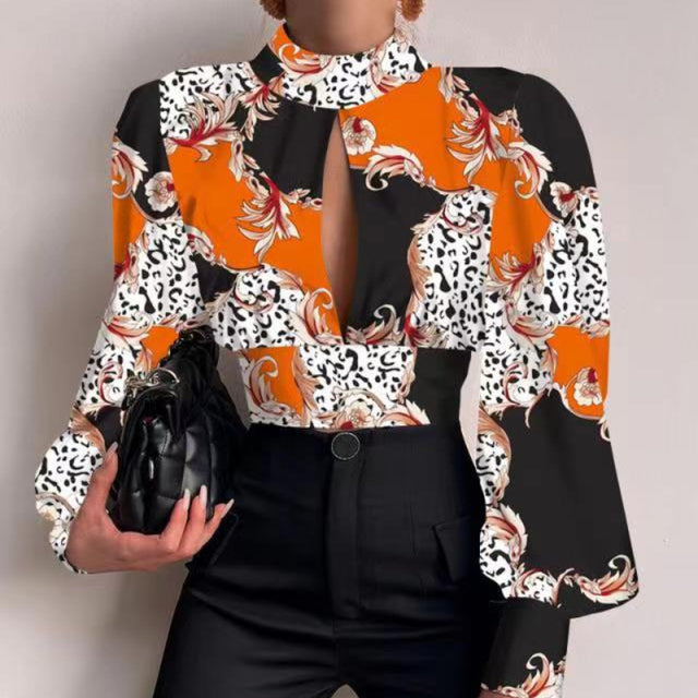 Xakxx - New Standing Collar Long Sleeve Lantern Sleeve Backless Hollow Shirt In Spring and Summer Blouse Blouse Women Shirt and Blouse