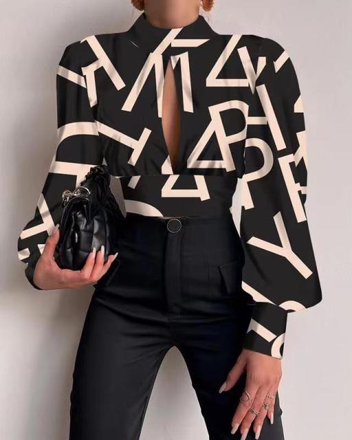 Xakxx - New Standing Collar Long Sleeve Lantern Sleeve Backless Hollow Shirt In Spring and Summer Blouse Blouse Women Shirt and Blouse