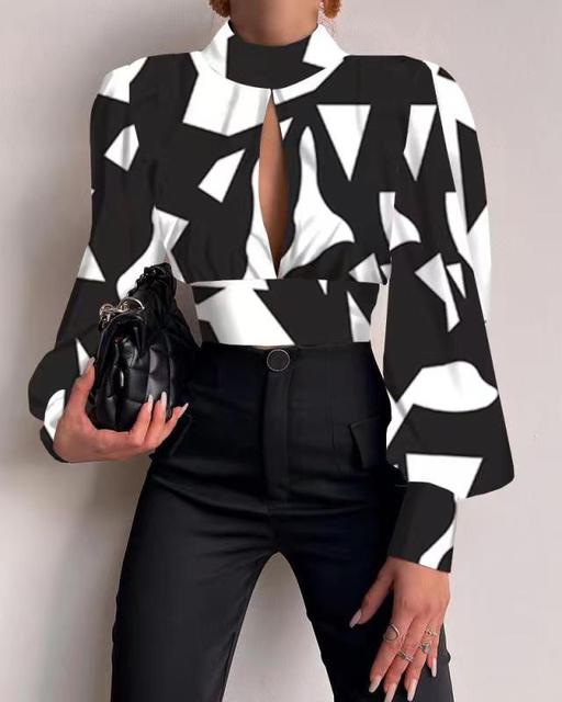 Xakxx - New Standing Collar Long Sleeve Lantern Sleeve Backless Hollow Shirt In Spring and Summer Blouse Blouse Women Shirt and Blouse