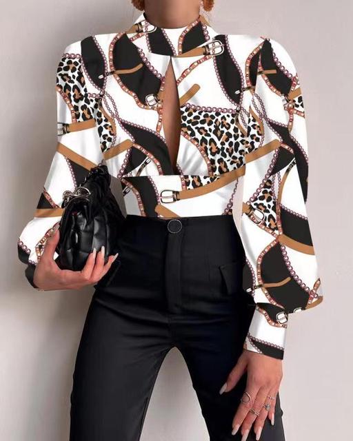 Xakxx - New Standing Collar Long Sleeve Lantern Sleeve Backless Hollow Shirt In Spring and Summer Blouse Blouse Women Shirt and Blouse