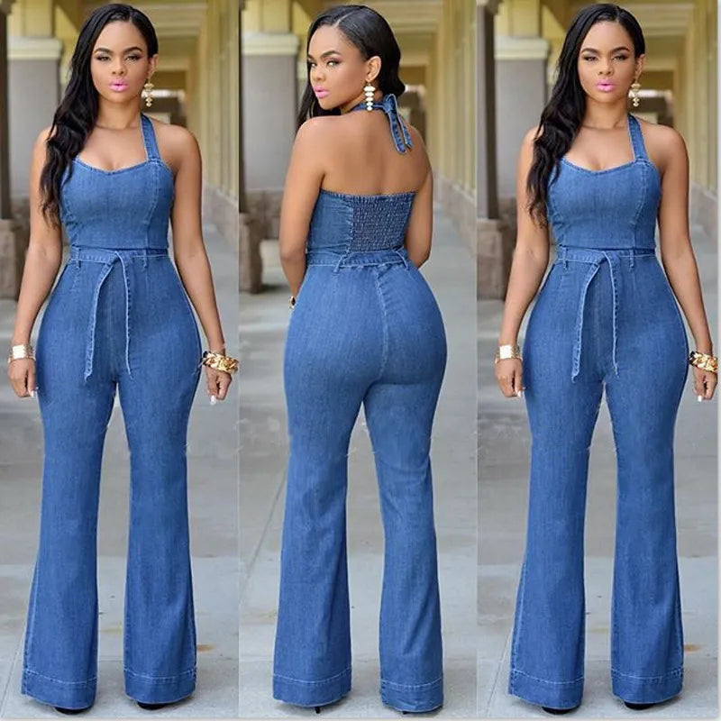 Wholesale- Women Summer Sexy Denim Jumpsuits Ladies Loose Jumpsuit Party Overalls Womens Sleeveless Night Club Rompers Combinaison Femme
