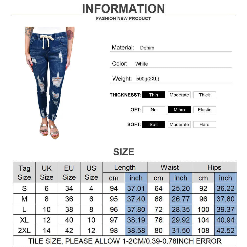 Women Drawstring Denim Long Pants Ripped Broken HolesSlim Fit Jeans Feminino Skinny Pockets Casual Full Length Pencil 210809