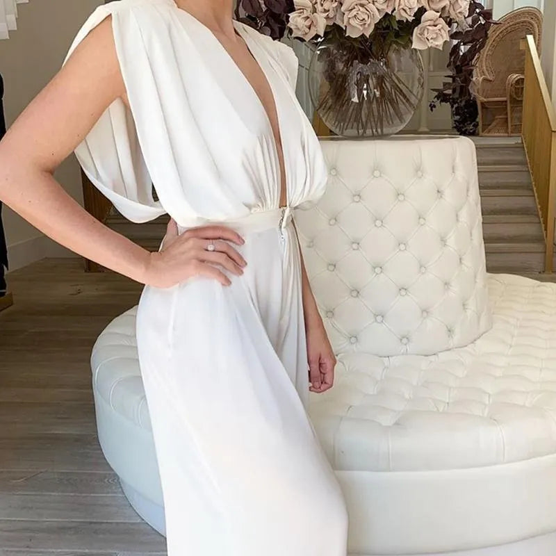 Wide Leg Rompers And Jumpsuiits Spring Autumn Women Sleeveless Deep V Neck Open Back White Elegant Overalls Women's Jumpsuits