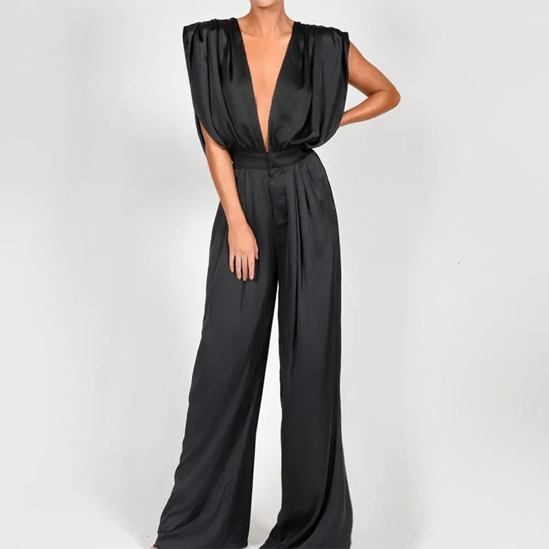 Wide Leg Rompers And Jumpsuiits Spring Autumn Women Sleeveless Deep V Neck Open Back White Elegant Overalls Women's Jumpsuits