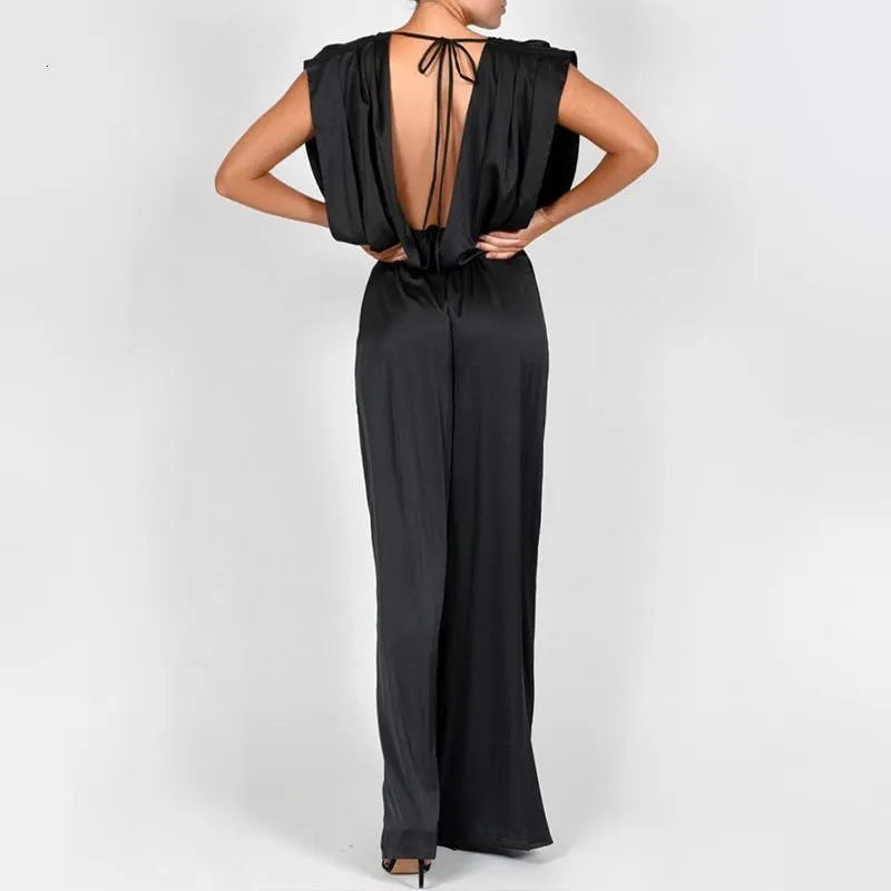 Wide Leg Rompers And Jumpsuiits Spring Autumn Women Sleeveless Deep V Neck Open Back White Elegant Overalls Women's Jumpsuits