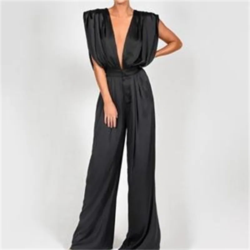 Wide Leg Rompers And Jumpsuiits Spring Autumn Women Sleeveless Deep V Neck Open Back White Elegant Overalls Women's Jumpsuits